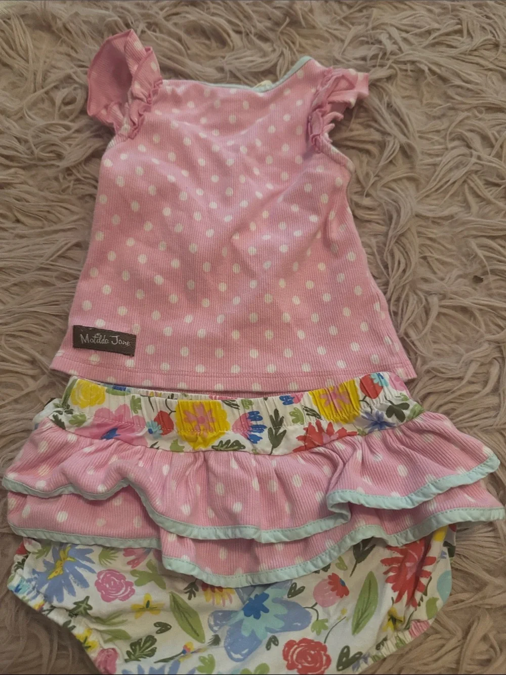 Matilda Jane Pink Polka Dot Floral Ruffle Top and Ruffle Bottomed Bloomers.
